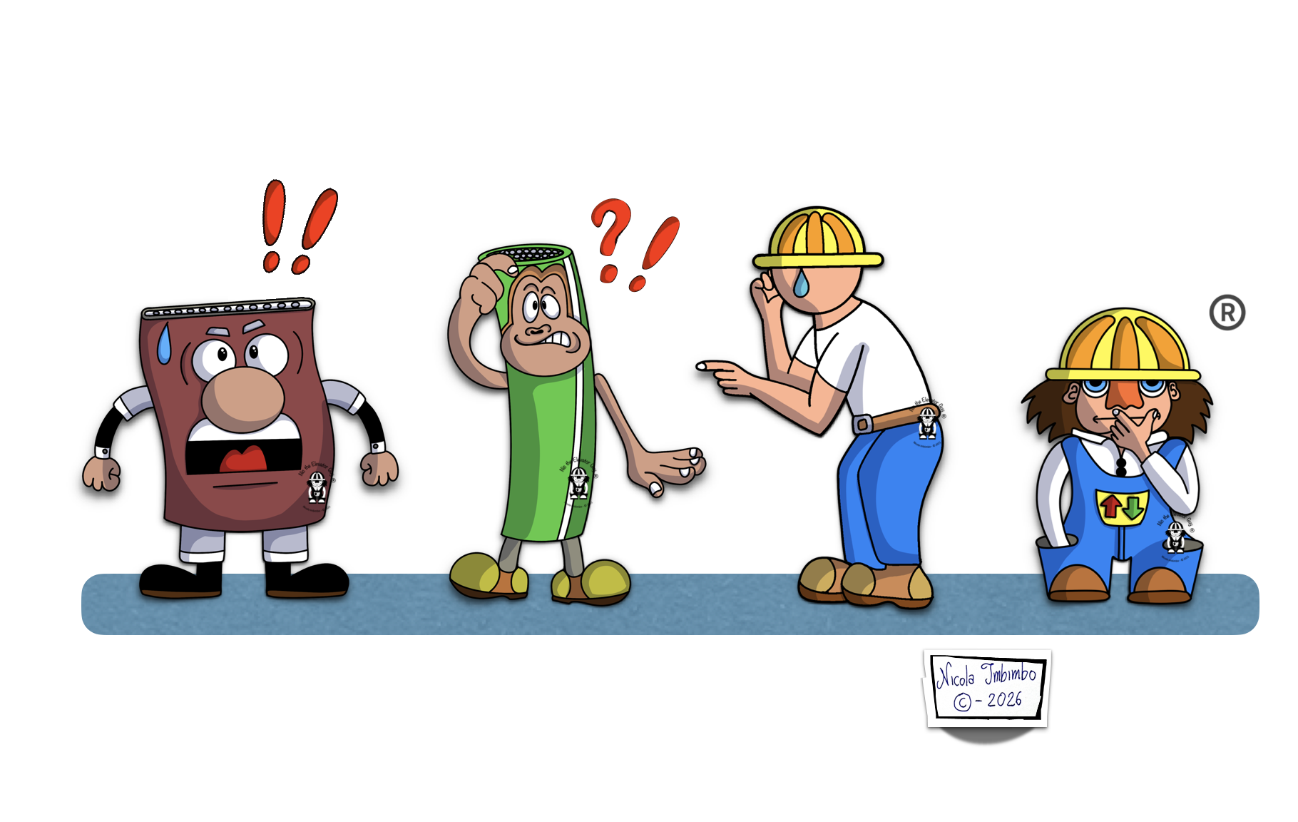 Personaggi illustrati di NicTheElevatorGuy che discutono di componenti degli ascensori